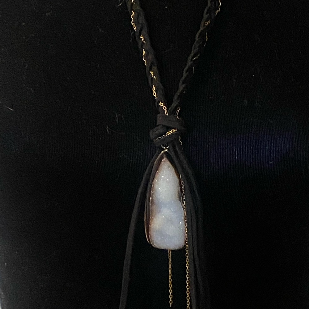 Black leather intertwined with gold chain and Druzi stone pendant.
